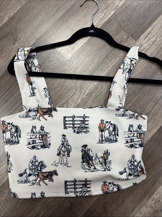 Nylon Tops - Cowboy Print Cropped Tank Top in Cream and Black